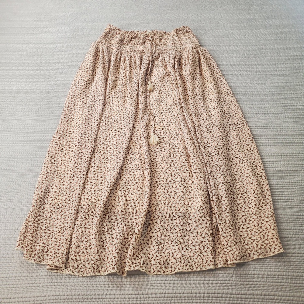 In Bloom Floral Midi Skirt Womens Size M Cream Brown Smocked Tassel Boho